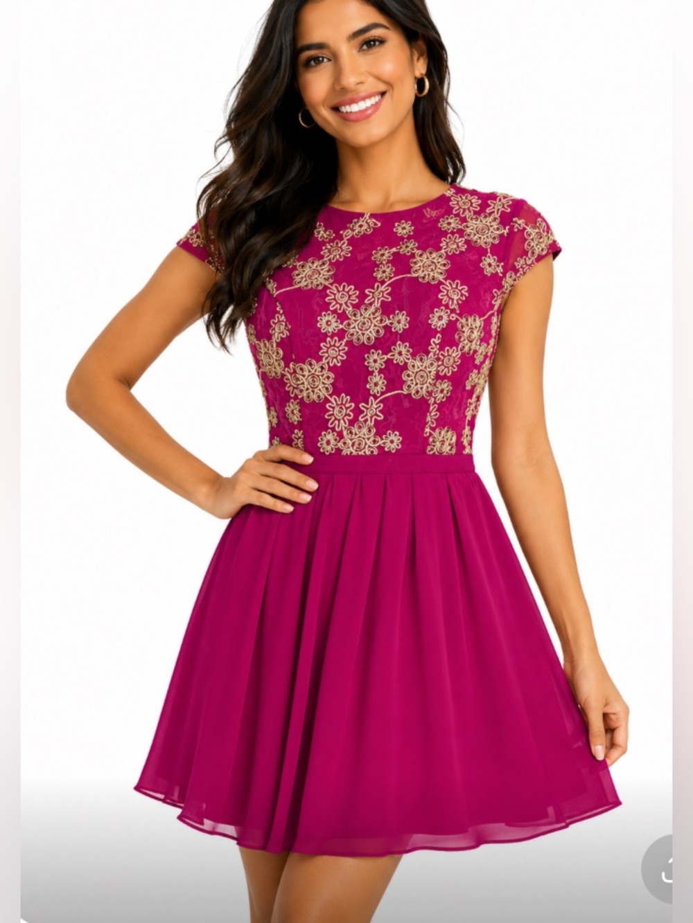 Magenta Mini Dress with Gold Floral Embroidery